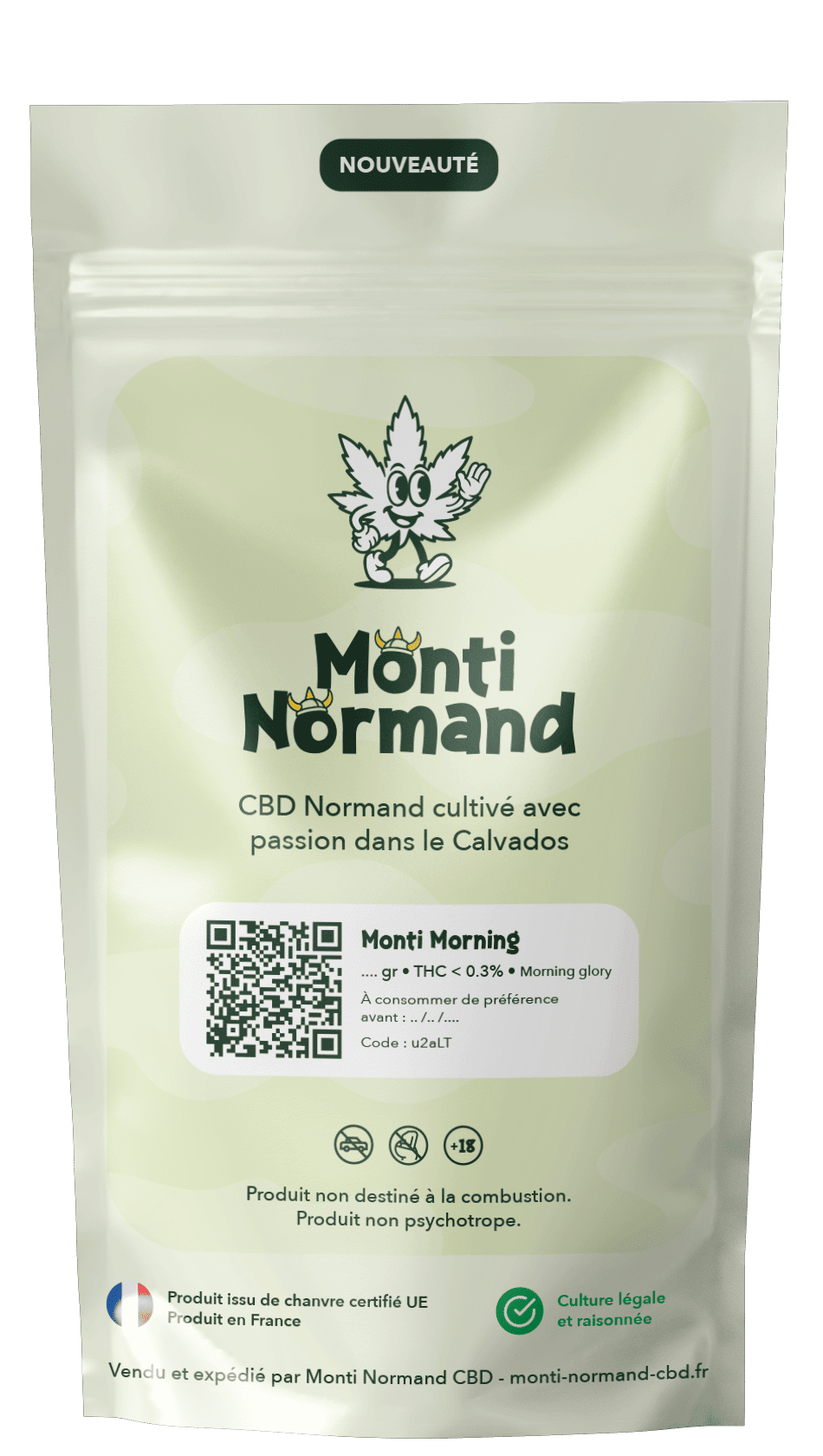Packaging de fleurs de CBD Normand qui s'appelle monti morning et produit par Monti Normand CBD à Vire, proche de Flers