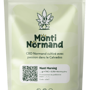 Packaging de fleurs de CBD Normand qui s'appelle monti morning et produit par Monti Normand CBD à Vire, proche de Flers